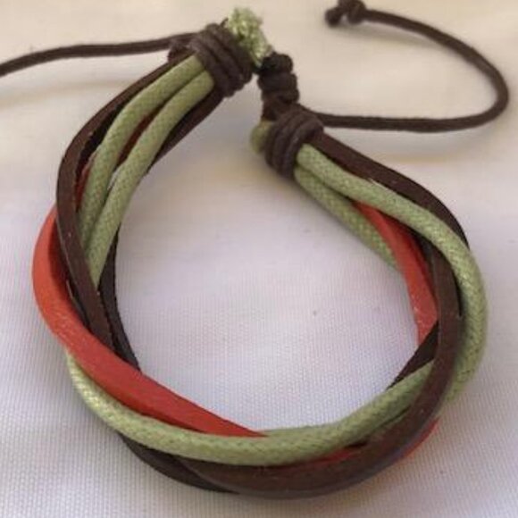 Green Brown & Orange Braided Leather Handmade Bracelet Adjustable Wristband - Picture 2 of 2